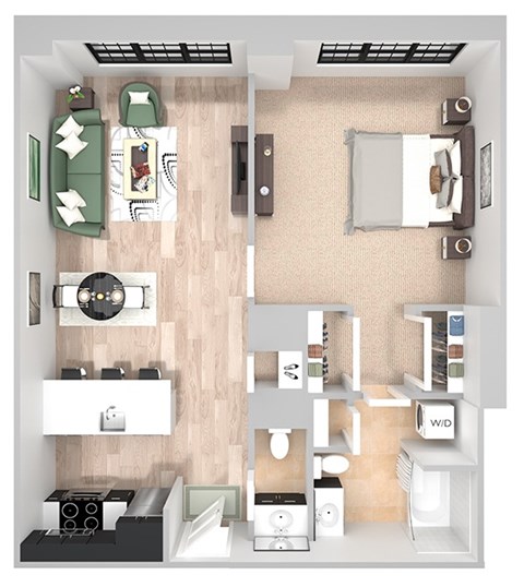 Floor plan for 1 bed, 1.5 baths, 790 sqft